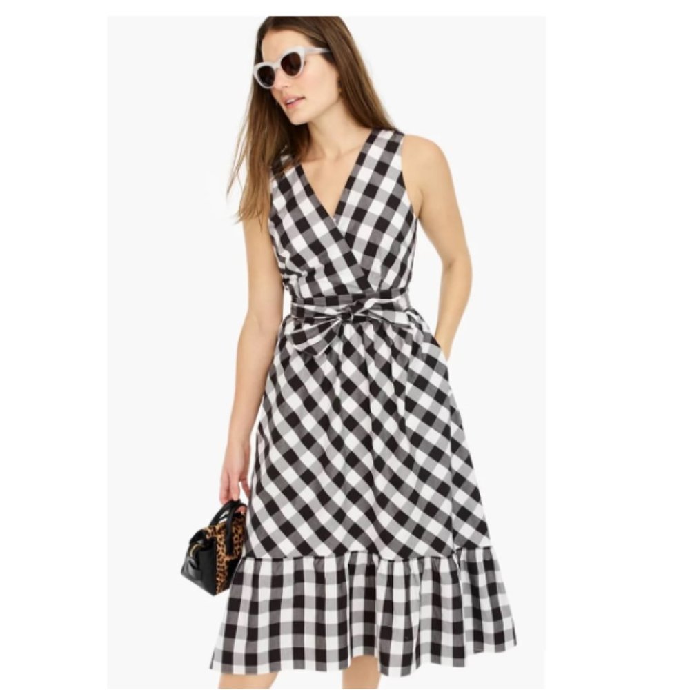 J. Crew Sleeveless faux-wrap dress in gingham cotton poplin Size 14